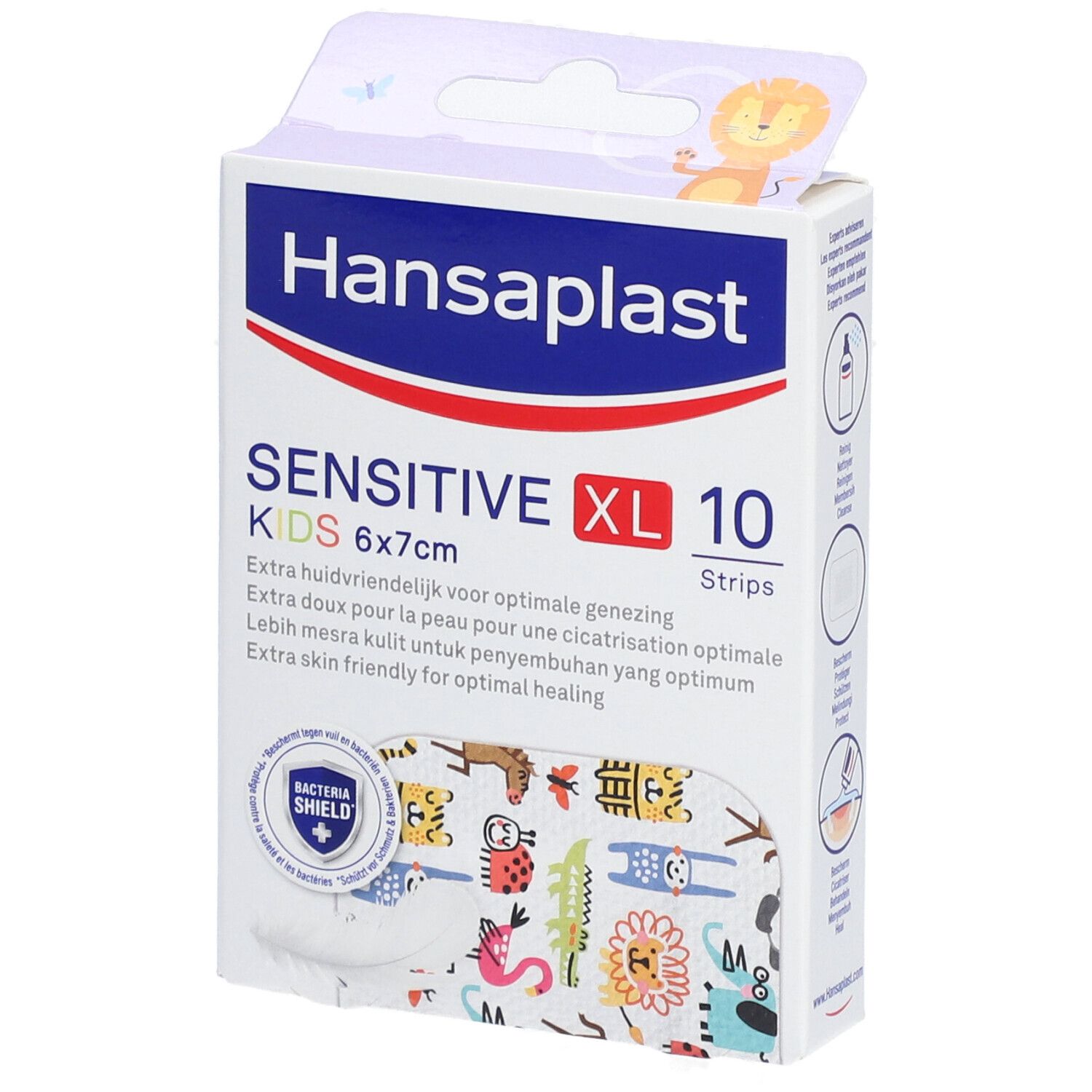Boîte Hansaplast Kids Sensitive XL, 6x7cm, 10 pansements. Motifs animaux. Logo 'Bacteria Shield'.