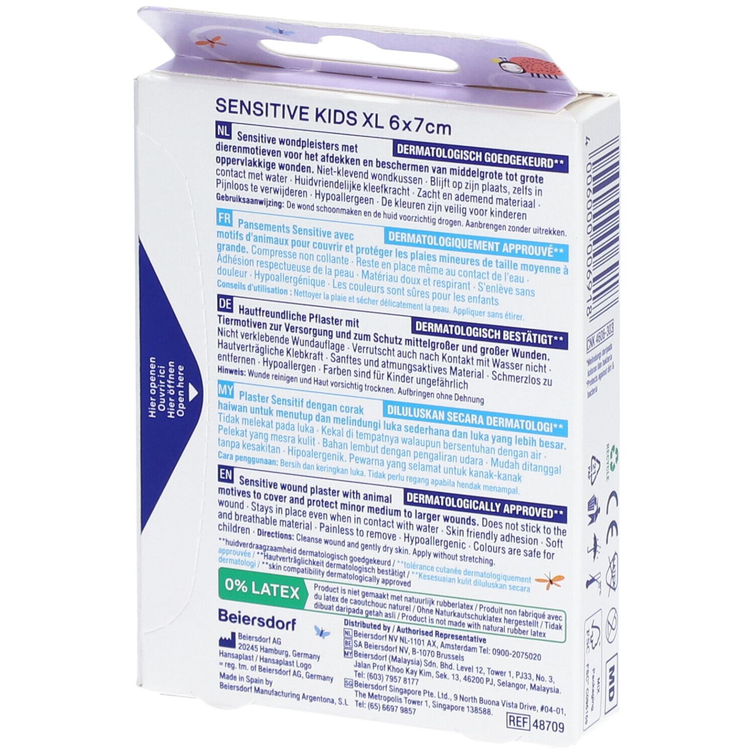 Dos de la boîte Hansaplast Kids Sensitive XL, 6x7cm. Informations produit multilingues.