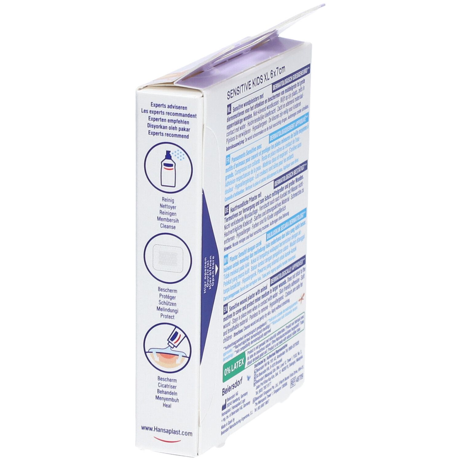 Boîte Hansaplast Kids Sensitive XL, 6x7cm. Illustrations d'utilisation. Mention '0% Latex'.