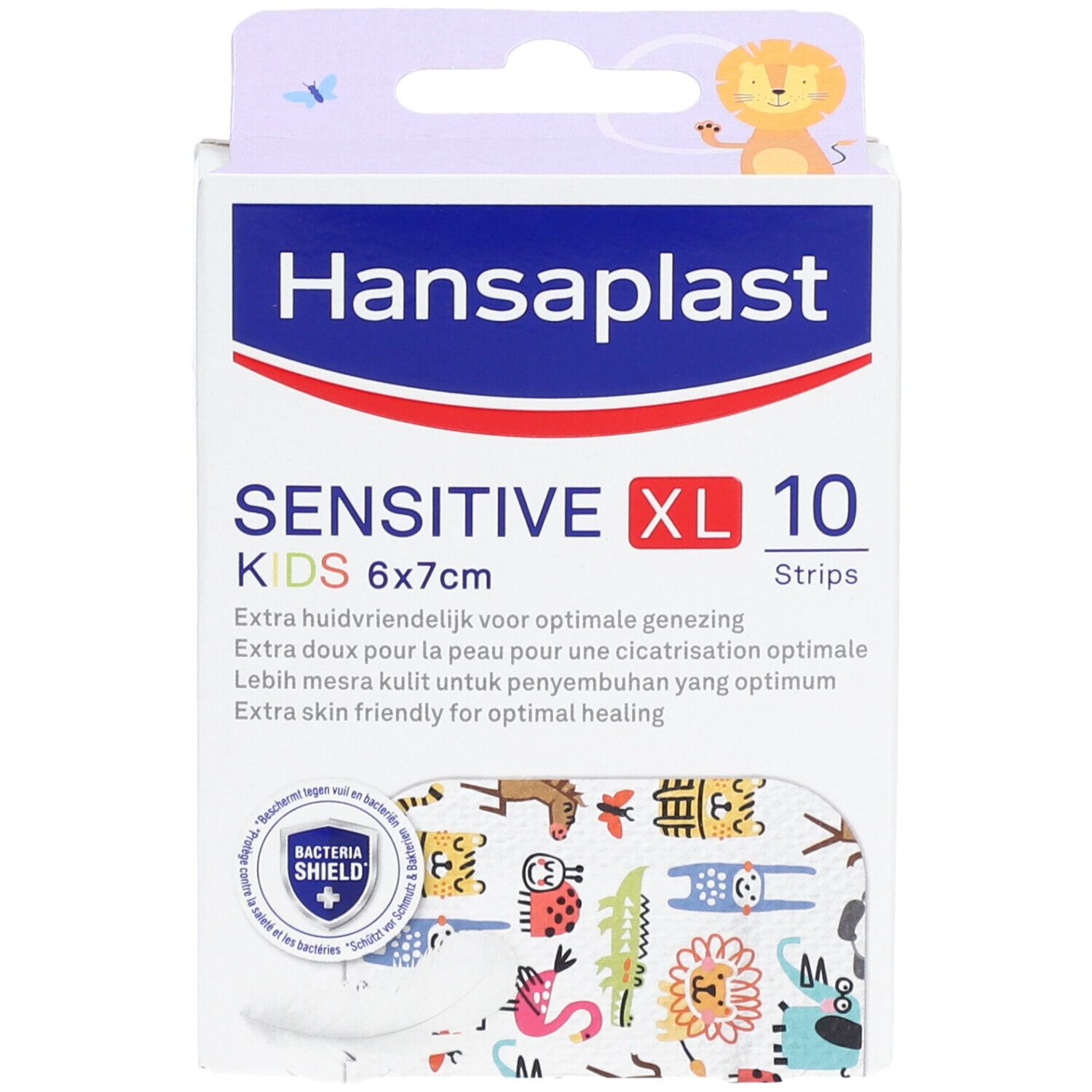 Boîte Hansaplast Kids Sensitive XL, 6x7cm, 10 pansements. Motifs animaux. Logo 'Bacteria Shield'.