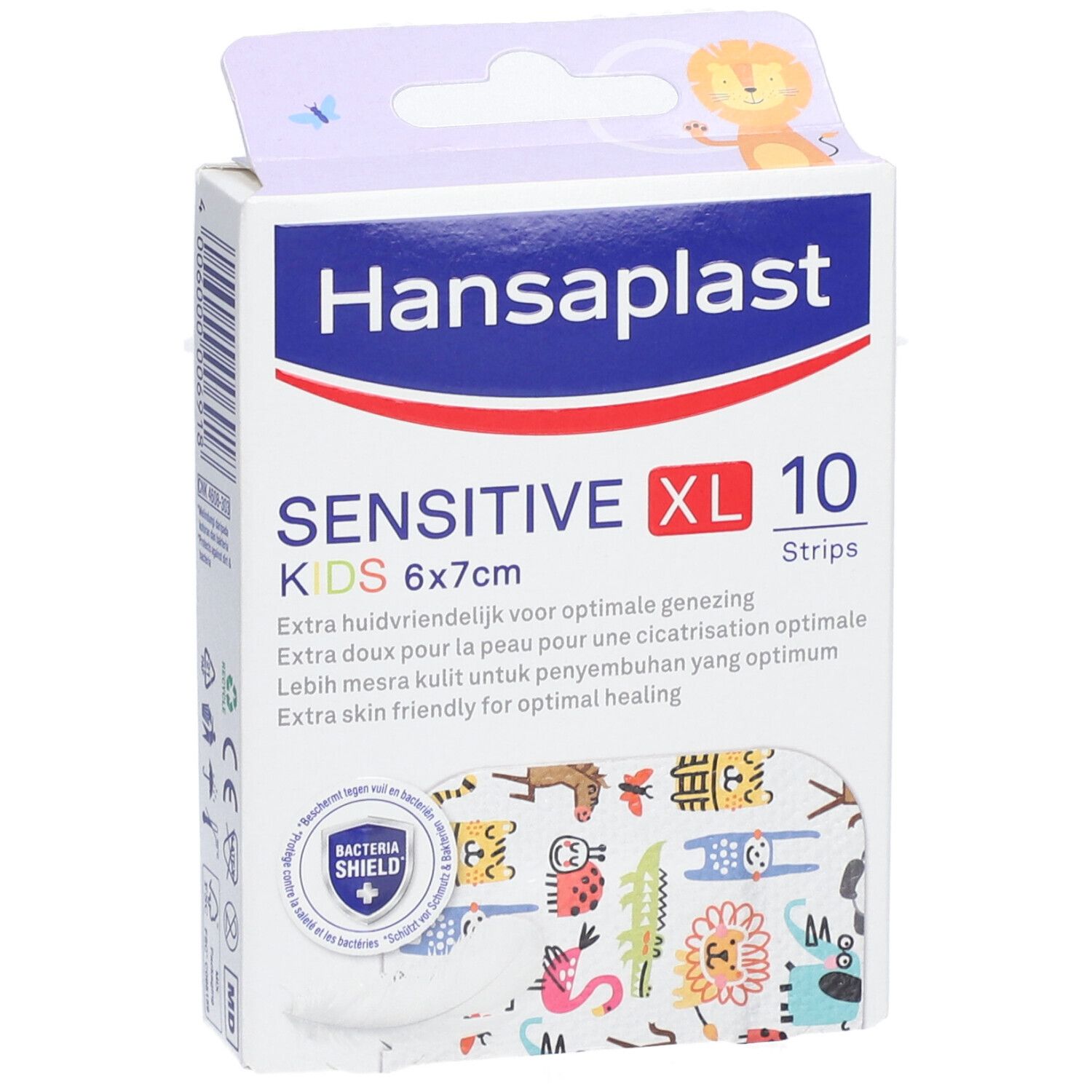 Boîte Hansaplast Kids Sensitive XL, 6x7cm, 10 pansements. Motifs animaux. Logo 'Bacteria Shield'.