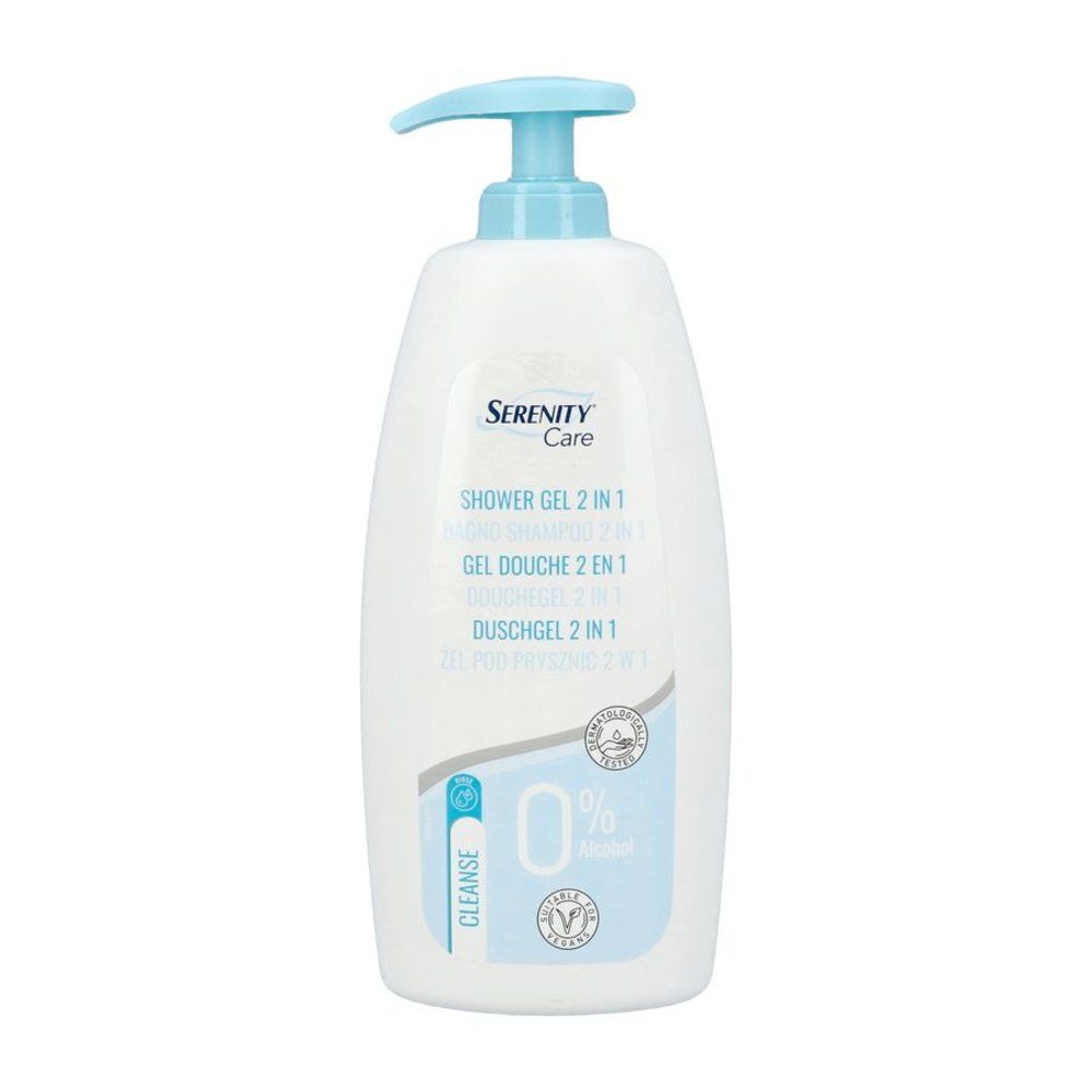 Flacon blanc avec pompe bleue. Inscriptions: Serenity Care, Shower Gel 2 in 1, Gel Douche 2 en 1, Duschgel 2 in 1. 0% alcool.