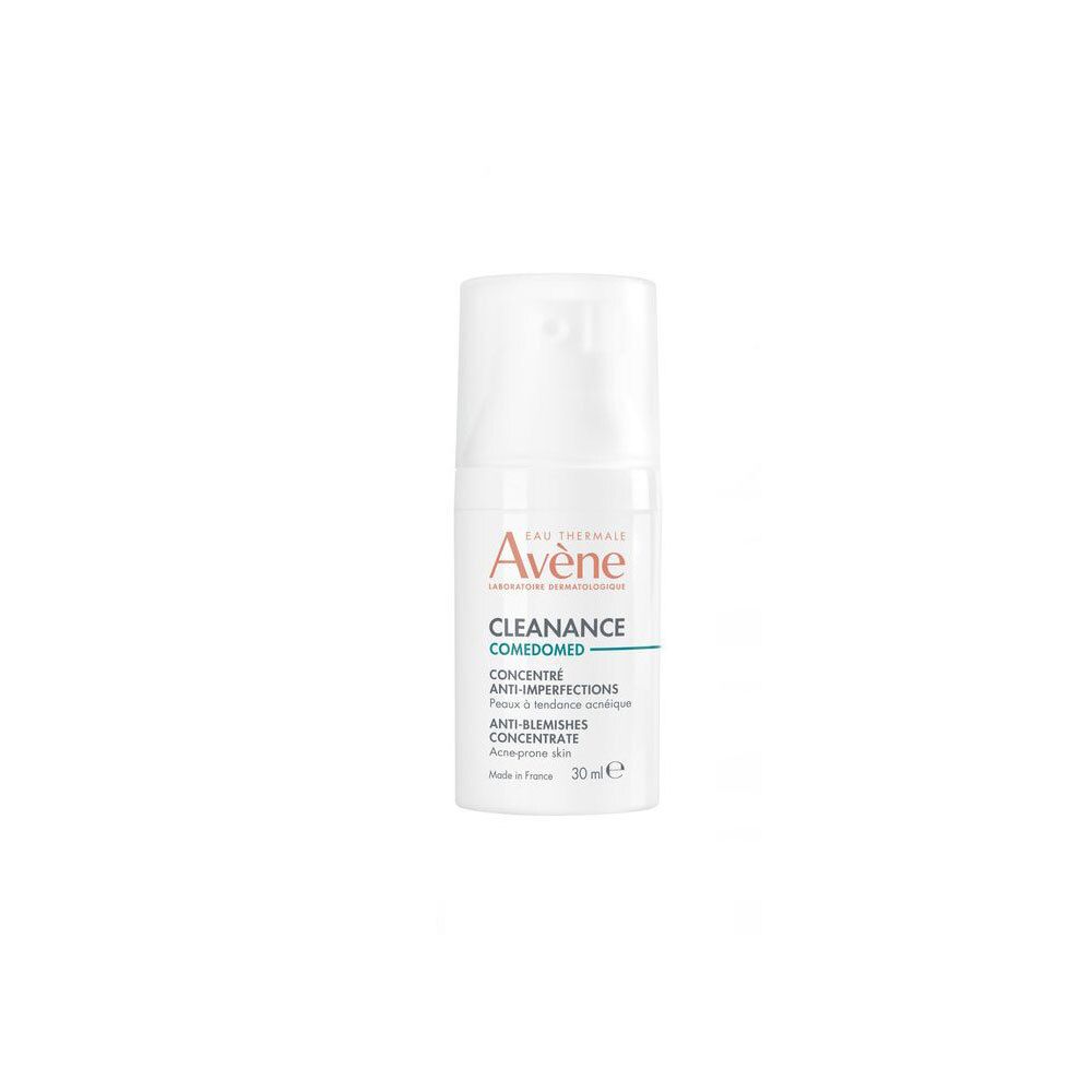 Flacon blanc avec pompe doseuse. Inscription : Avène, Cleanance Comedomed, Concentré Anti-imperfections, 30 ml.