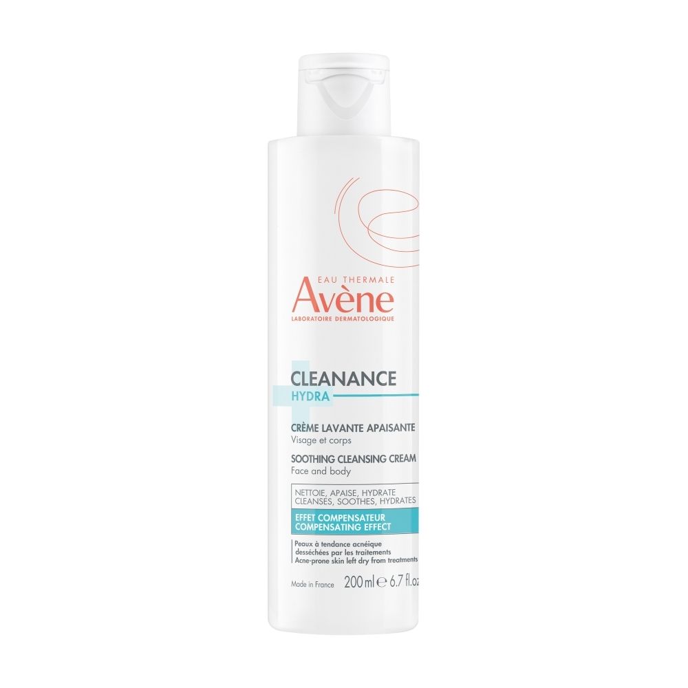 Witte fles met Avène-logo en productnaam. Tekst: Cleanance HYDRA Crème lavante apaisante. 200ml.