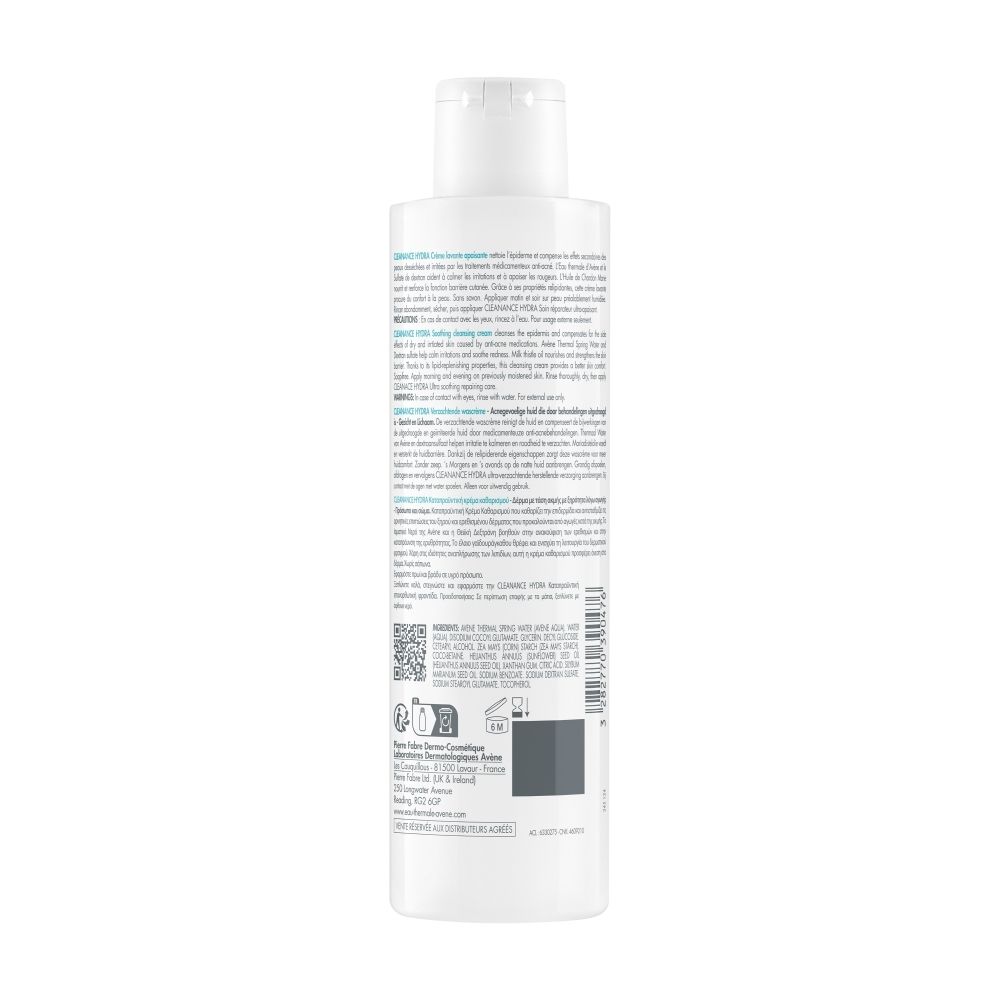 Witte fles met Avène-logo en productnaam. Tekst: Cleanance HYDRA Crème lavante apaisante. 200ml.