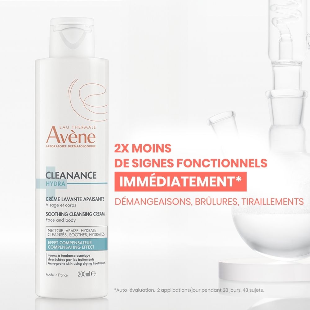 Flacon blanc avec logo Avène et nom du produit. Texte: Cleanance HYDRA Crème lavante apaisante. 200ml.