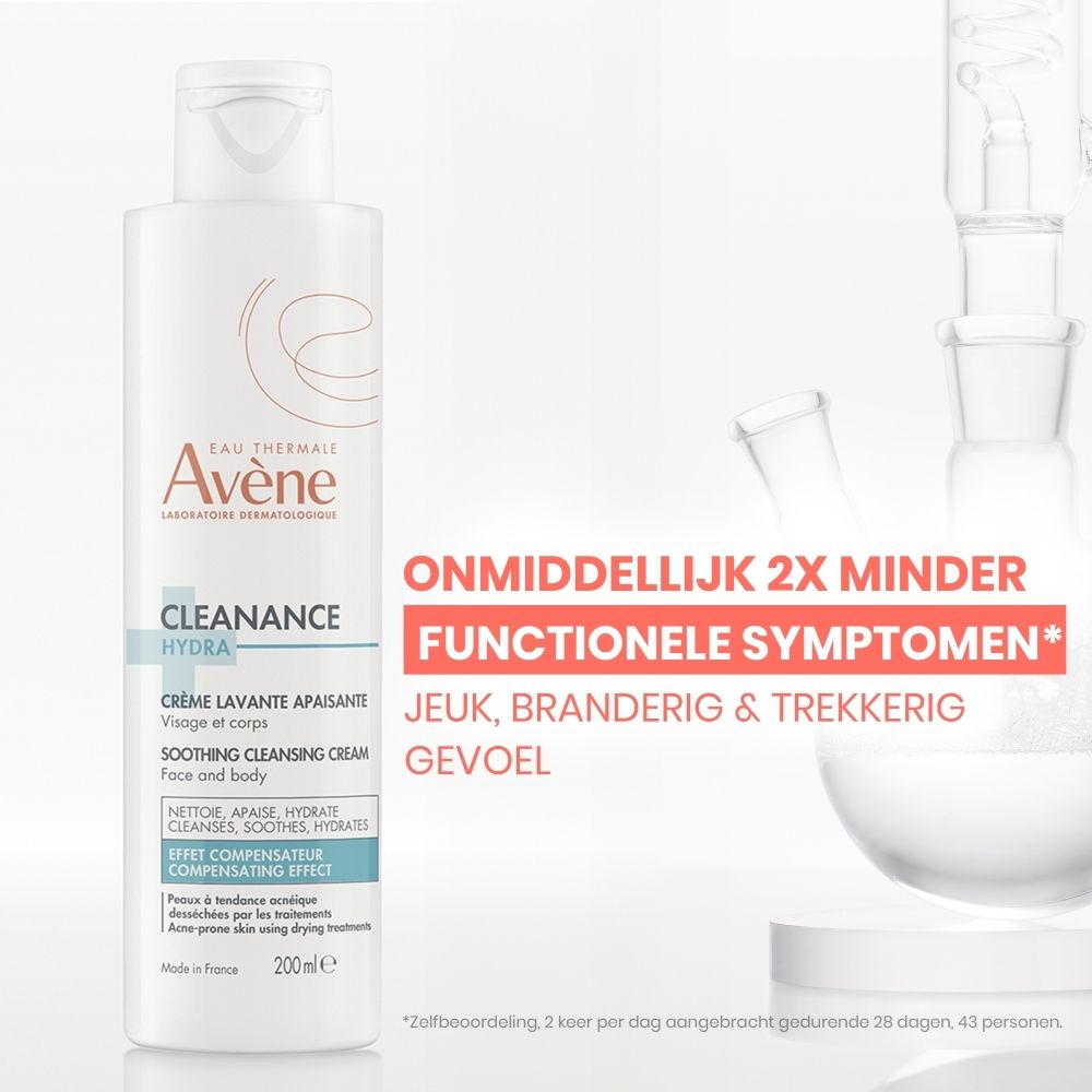 Witte fles met Avène-logo en productnaam. Tekst: Cleanance HYDRA Crème lavante apaisante. 200ml.