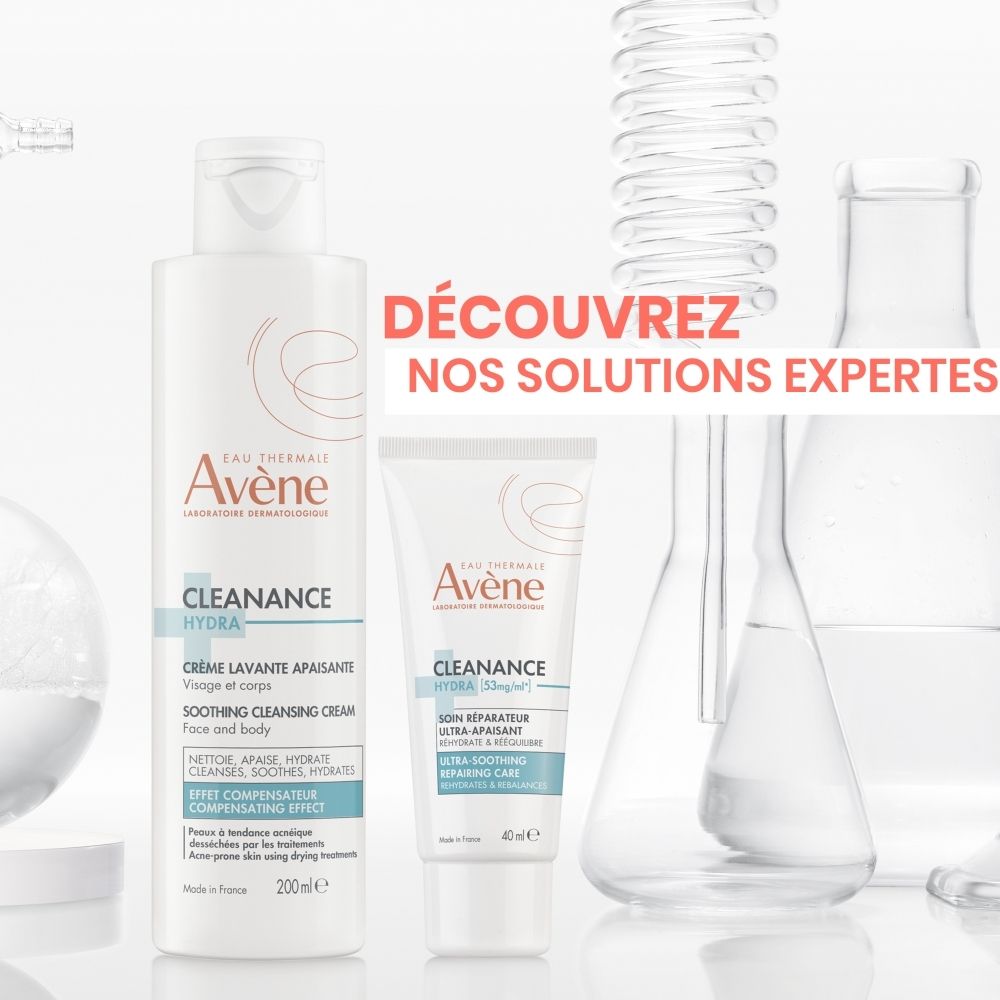Flacon blanc avec logo Avène et nom du produit. Texte: Cleanance HYDRA Crème lavante apaisante. 200ml.