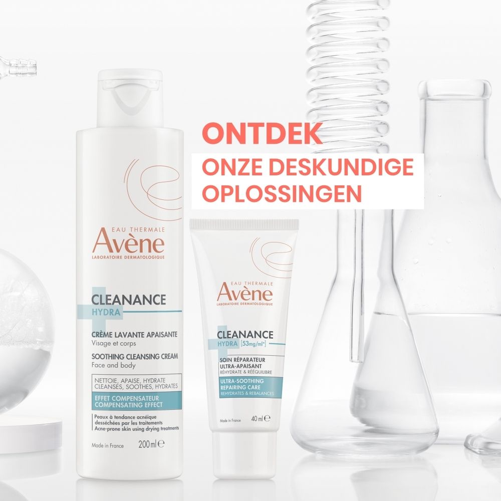 Witte fles met Avène-logo en productnaam. Tekst: Cleanance HYDRA Crème lavante apaisante. 200ml.