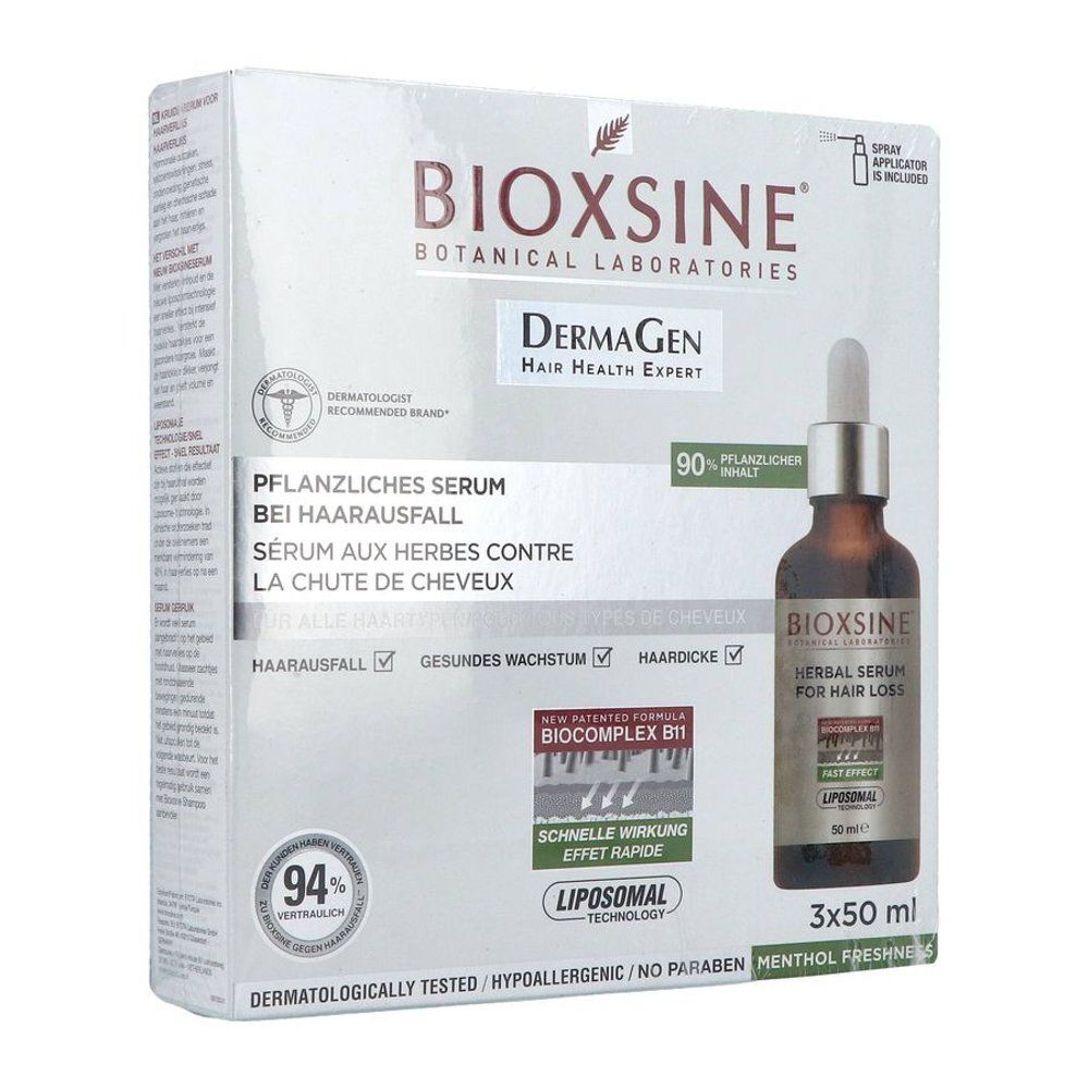 Verpakking van Bioxsine serum tegen haaruitval. Bevat een flesje serum en een doos met informatie. Dermatologisch getest.