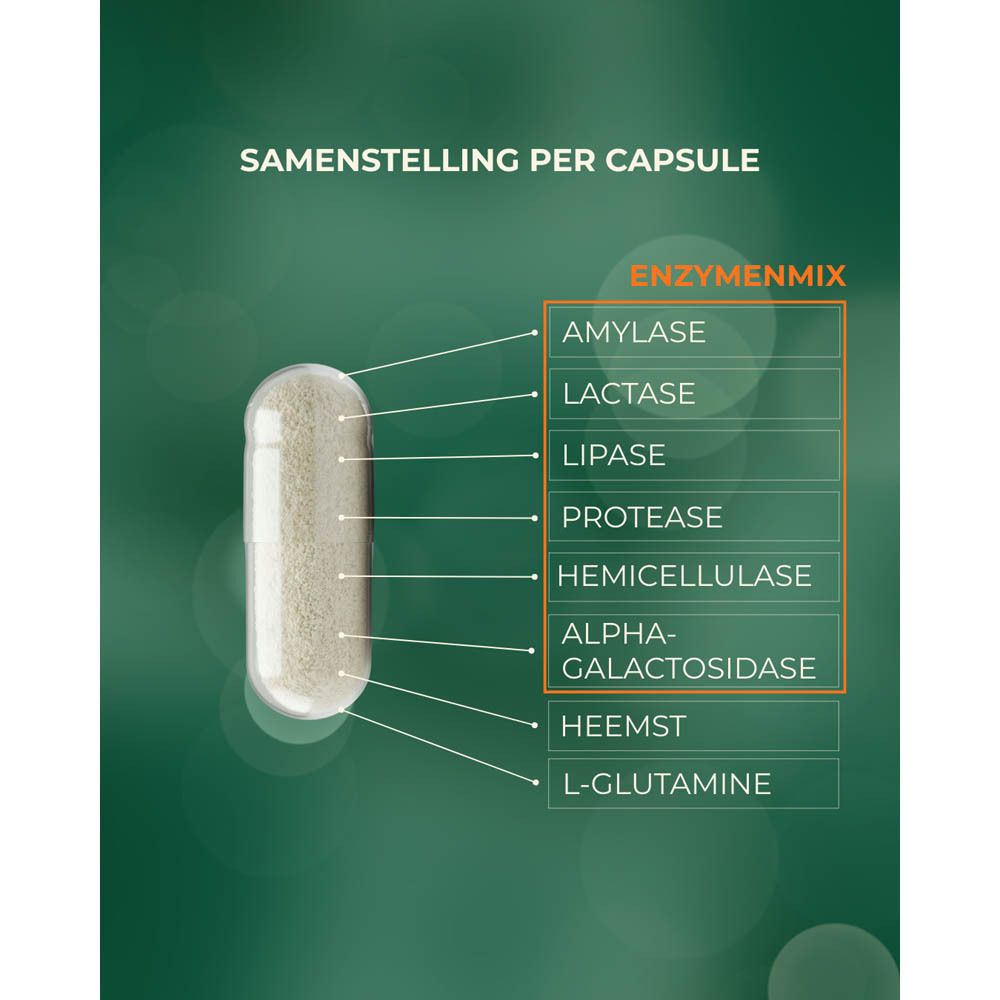 Productafbeelding met capsule en tekst. Bevat enzymen, L-glutamine en heemst.
