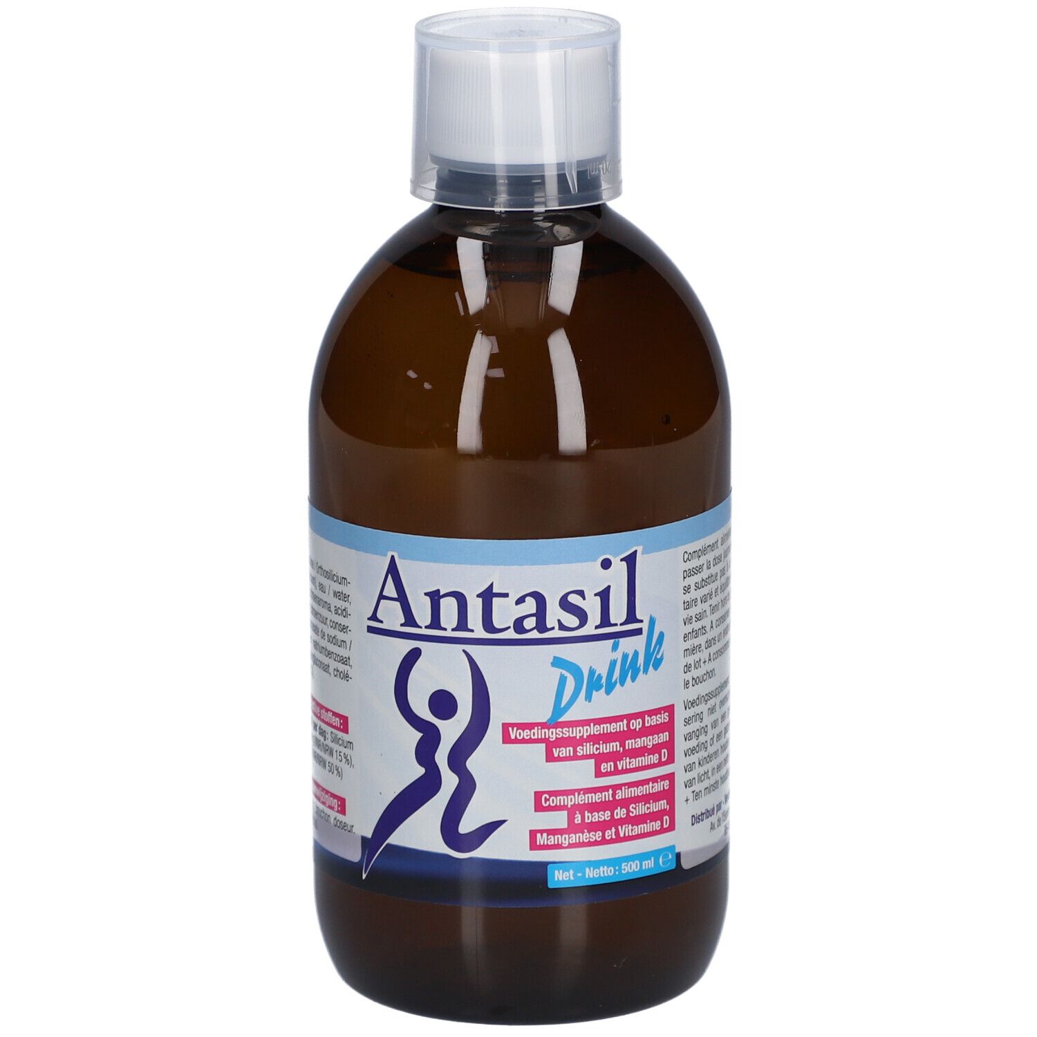 Bruine fles met witte dop. Opschrift: Antasil Drink. Voedingssupplement op basis van silicium, mangaan en vitamine D.