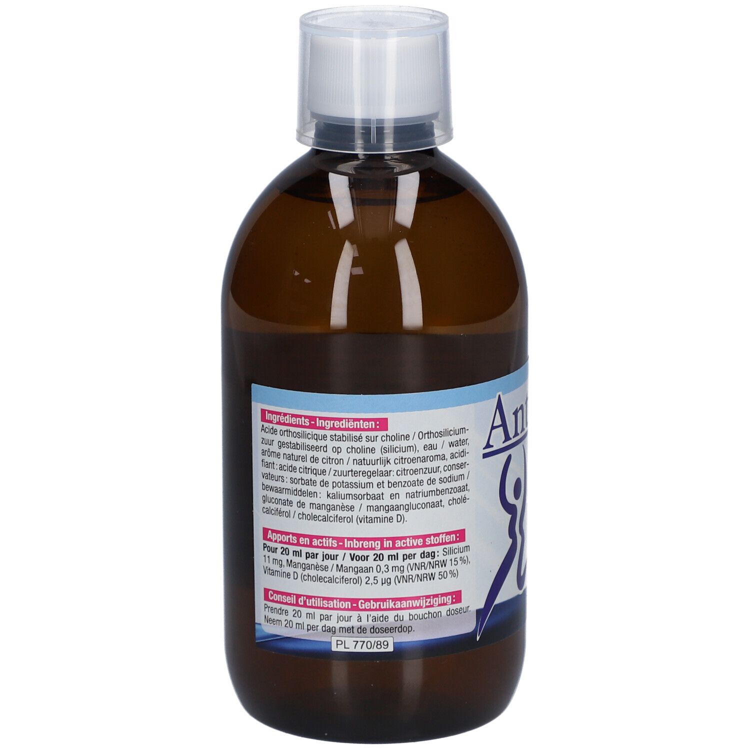 Achterkant van de bruine fles. Ingrediëntenlijst en voedingswaarde-informatie. Opschrift: Antasil Drink. Met doseringsaanbeveling.
