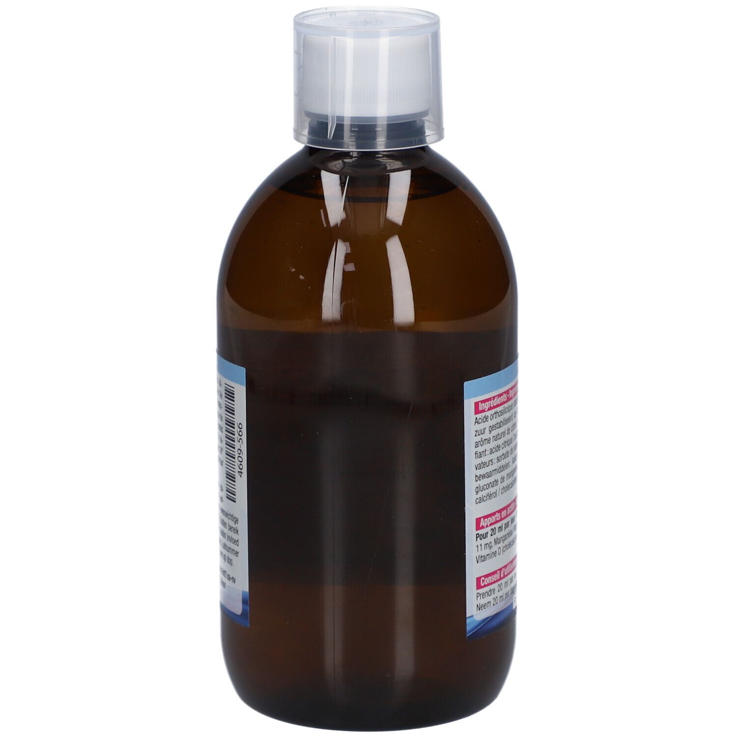 Achteraanzicht van de bruine fles. Ingrediëntenlijst en voedingswaarde-informatie. Opschrift: Antasil Drink. Met doseringsaanbeveling.