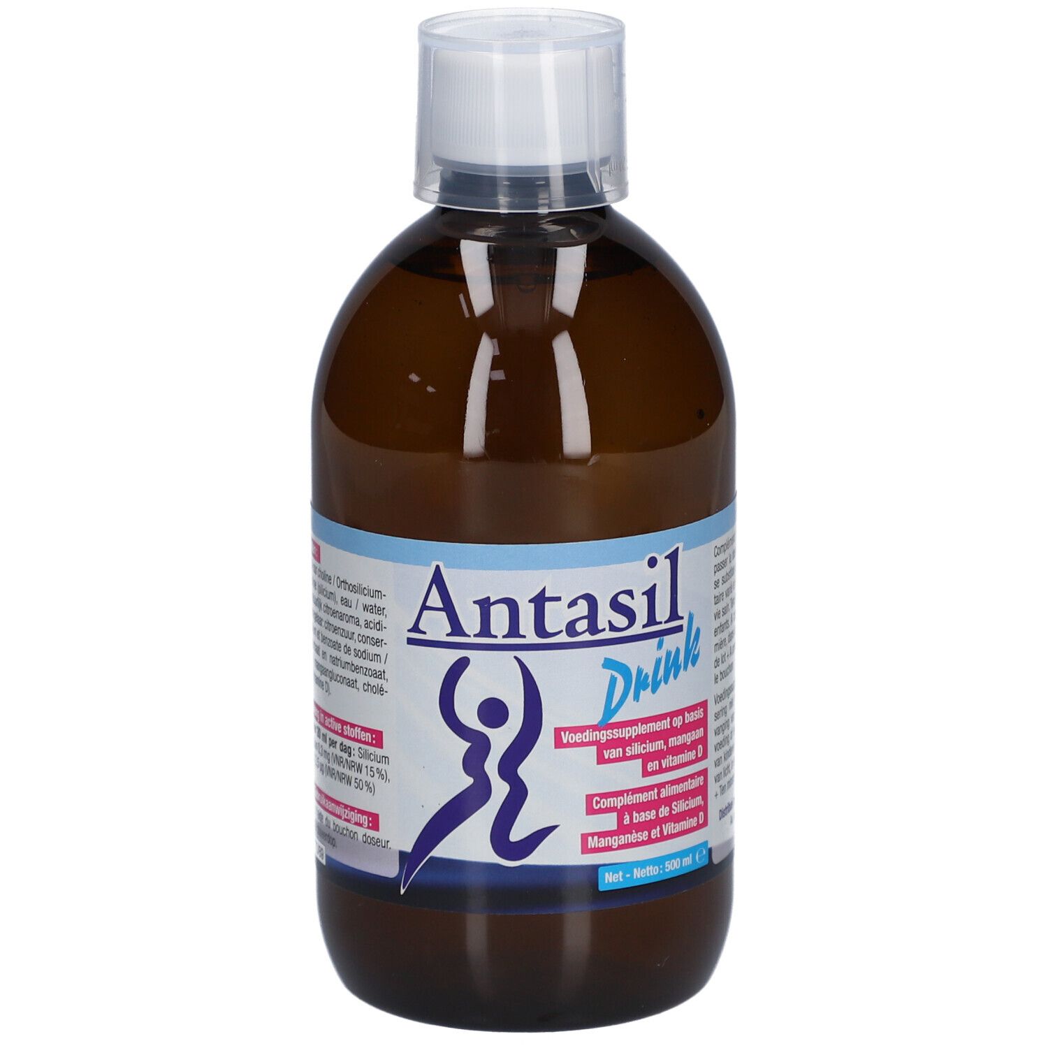 Bruine fles met witte dop. Opschrift: Antasil Drink. Voedingssupplement op basis van silicium, mangaan en vitamine D.