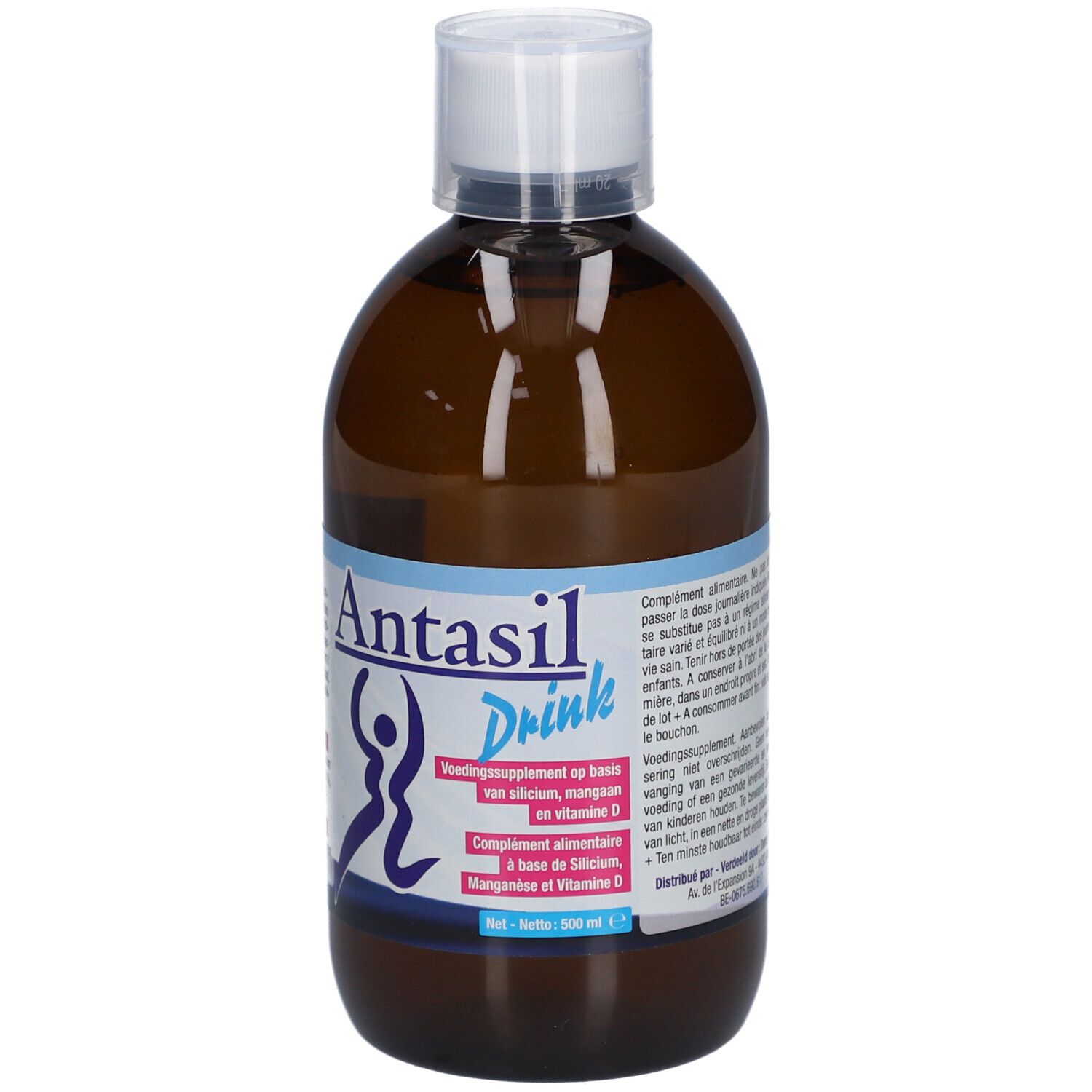 Bruine fles met witte dop. Opschrift: Antasil Drink. Voedingssupplement op basis van silicium, mangaan en vitamine D.