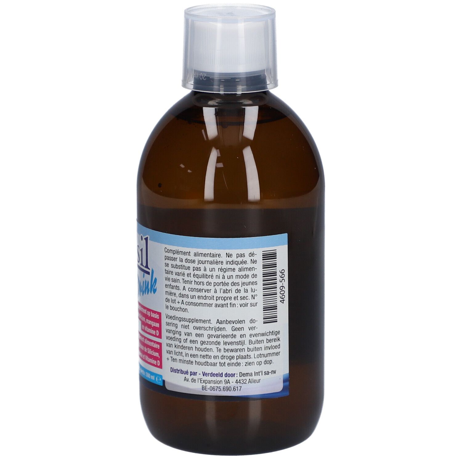 Achterkant van de bruine fles. Opschrift: Antasil Drink. Voedingssupplement. Informatie over de dagelijkse dosis en opslag.