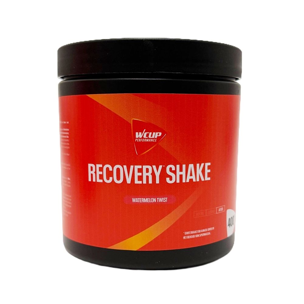 Rode pot met WCUP Recovery Shake Watermeloen, sportvoeding, met watermeloen-design.