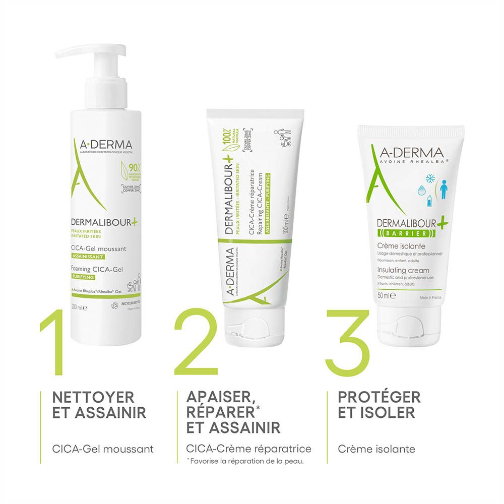 Tube A-Derma Dermalibour+ Barrière avec icônes "Effet 2ème peau", "Résiste à 5 bains", "Bébés-enfants-adultes".
