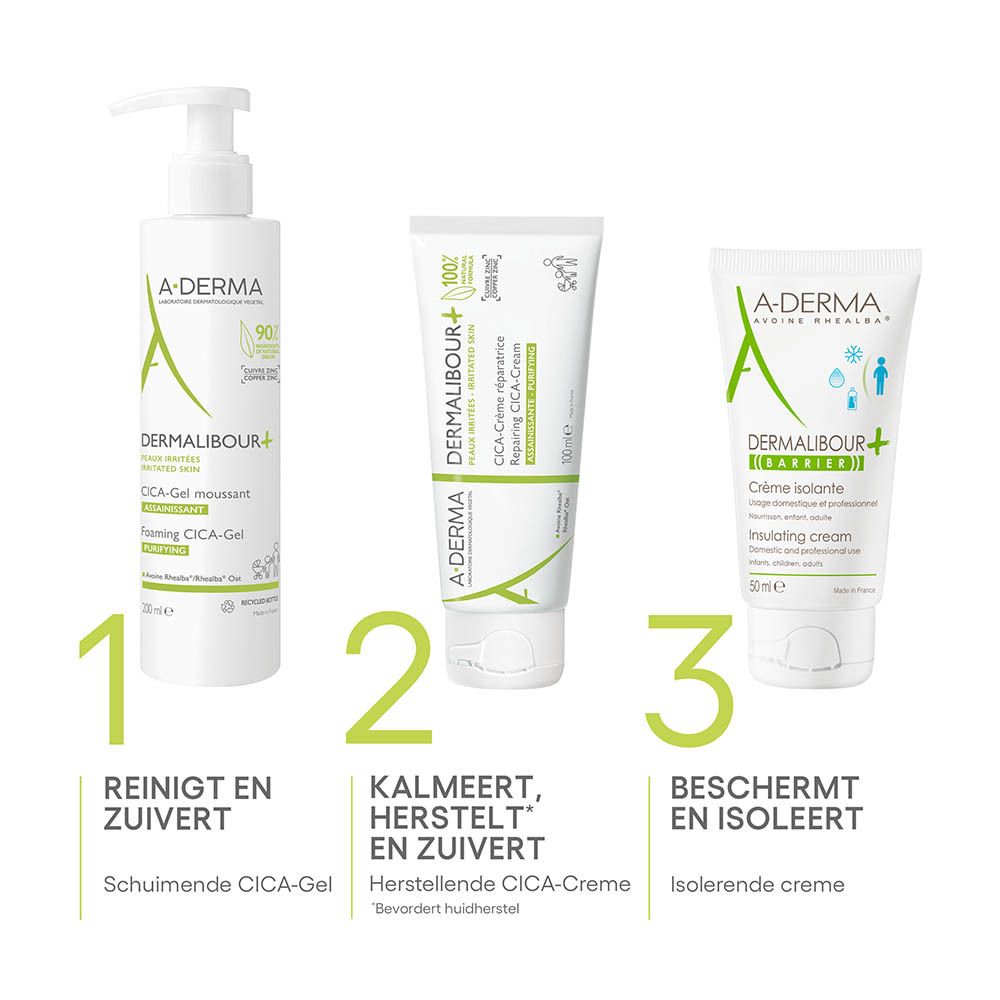A-Derma Dermalibour+ Barrière crème tube met iconen "Effect op de huid", "Weerstaat tot 5 baden", "Baby's-kinderen-volwassenen".