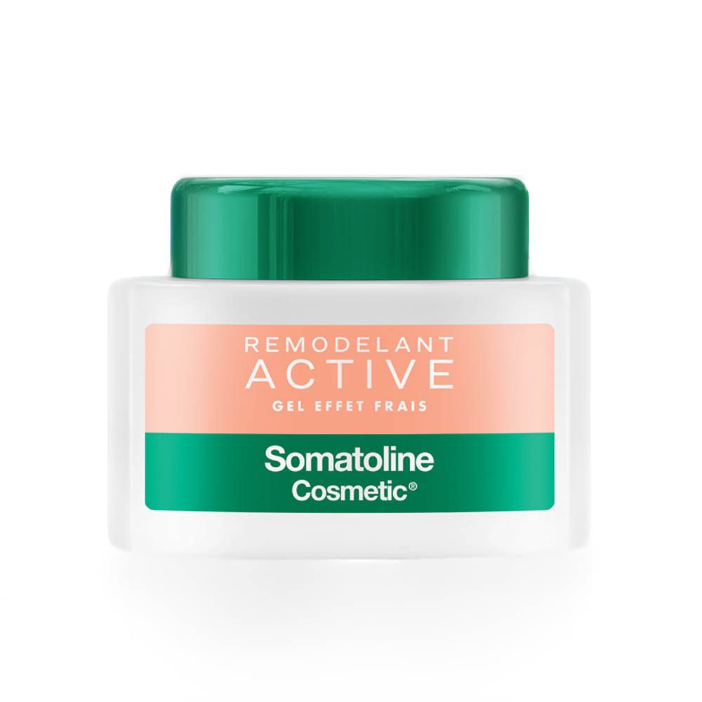 Witte pot met groene deksel. Etiket met tekst: REMODELANT ACTIVE GEL EFFET FRAIS, Somatoline Cosmetic.