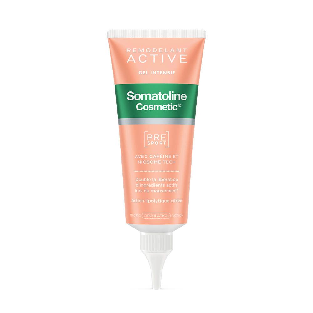 Tube Somatoline Cosmetic Active Gel. Roze-oranje, witte dop. Tekst: Remodellerend Active, Pre Sport.