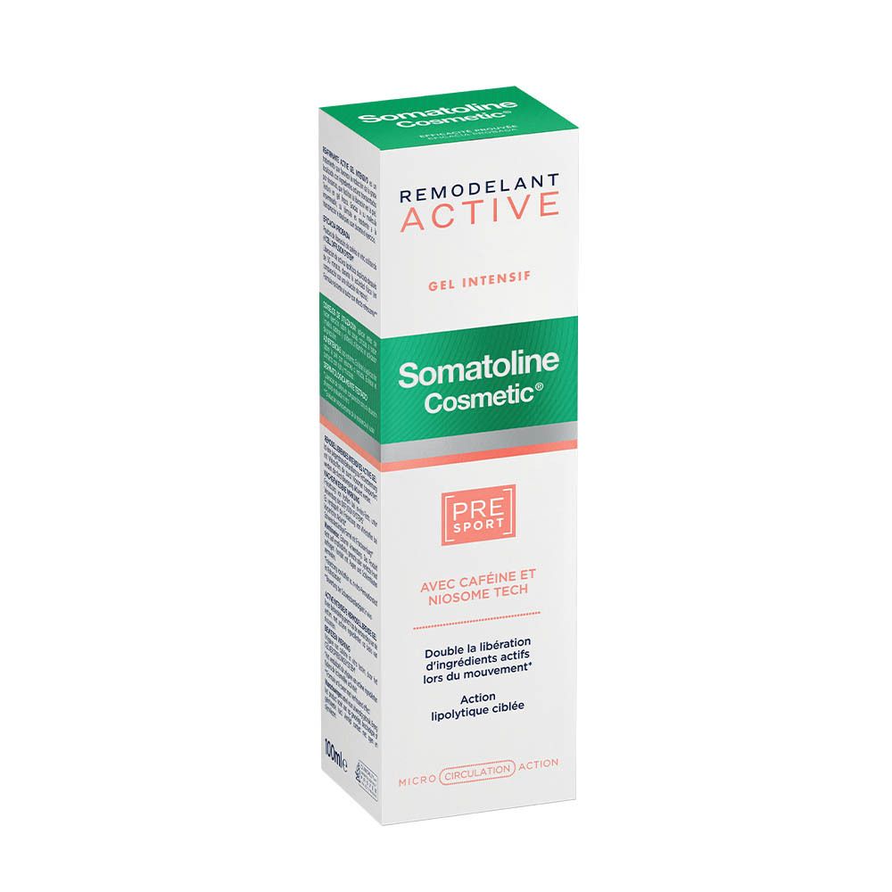 Doos Somatoline Cosmetic Active Gel. Groen-wit ontwerp, oranje accenten. Tekst: Remodellerend Active, Pre Sport.