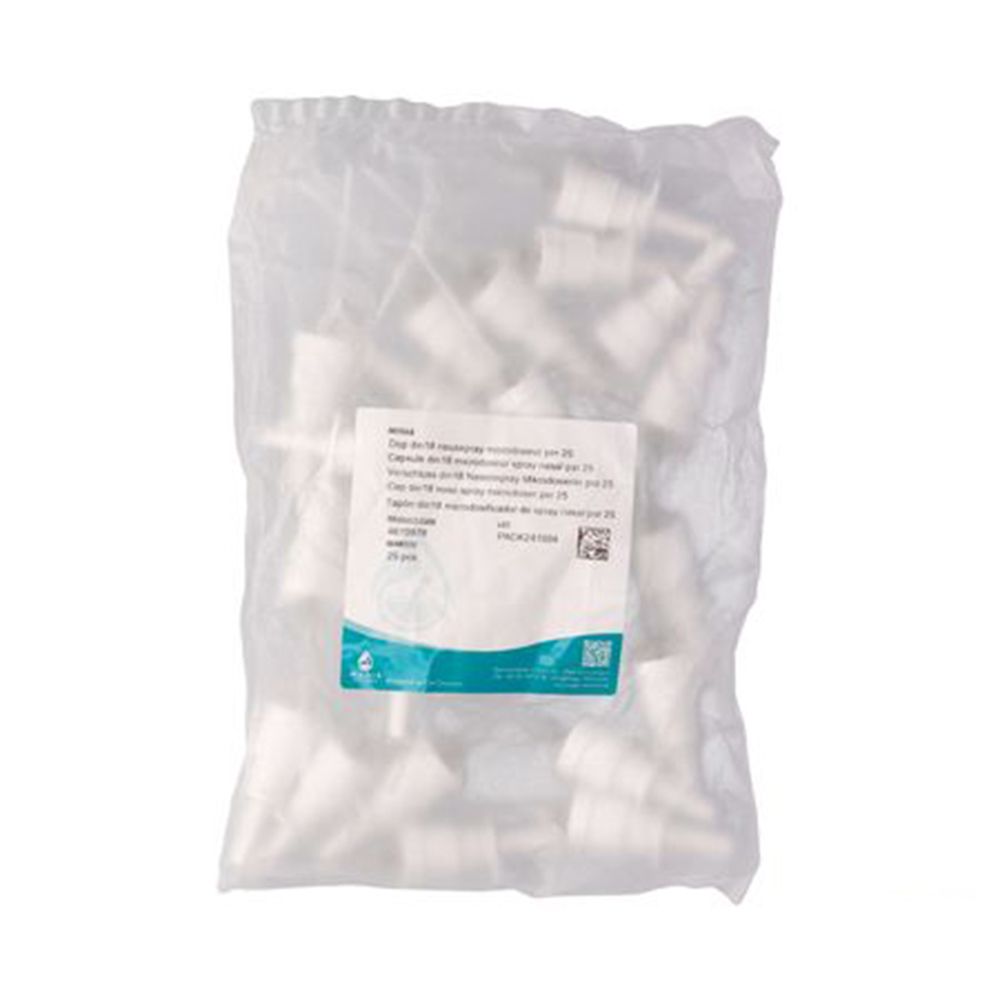 Sachet de sprays nasaux blancs. Étiquette avec informations produit. Emballage transparent.