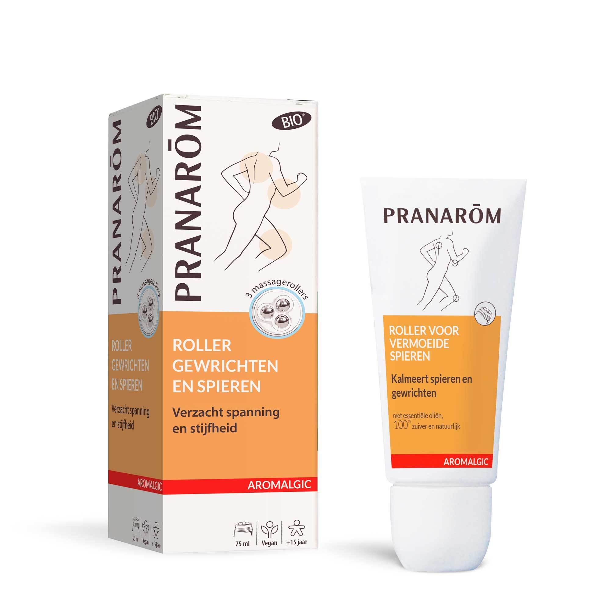Tube met "PRANAROM" en "BIO" logo. Roller voor gewrichten en spieren. Tekst in het Nederlands.