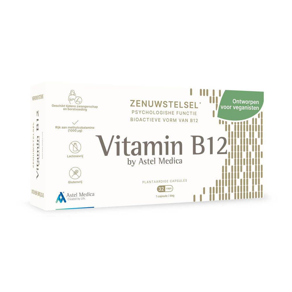 Verpakking Vitamine B12 voor zenuwstelsel, 32 plantaardige capsules.