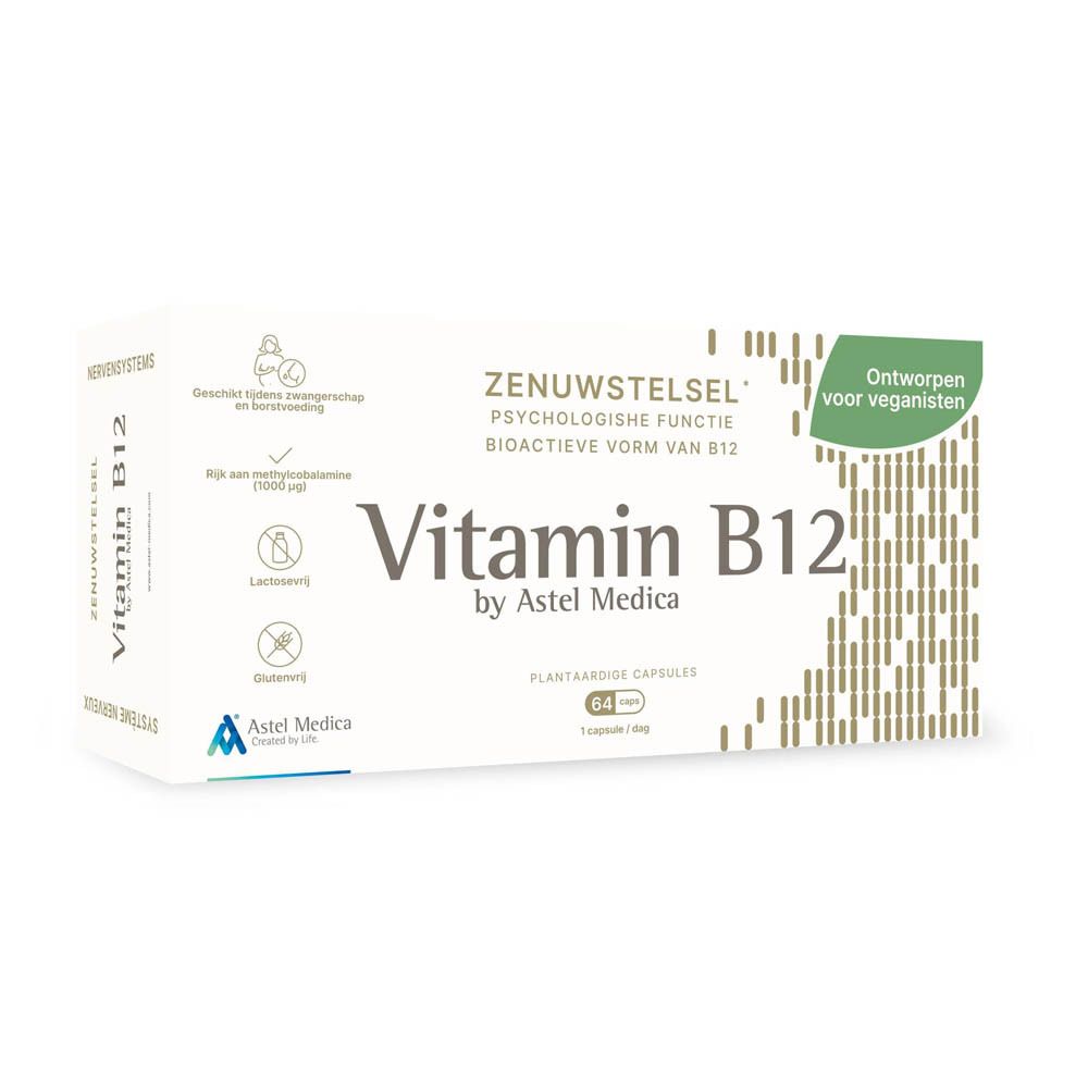 Doos Vitamine B12, Astel Medica, 64 plantaardige capsules, Nederlandse tekst.