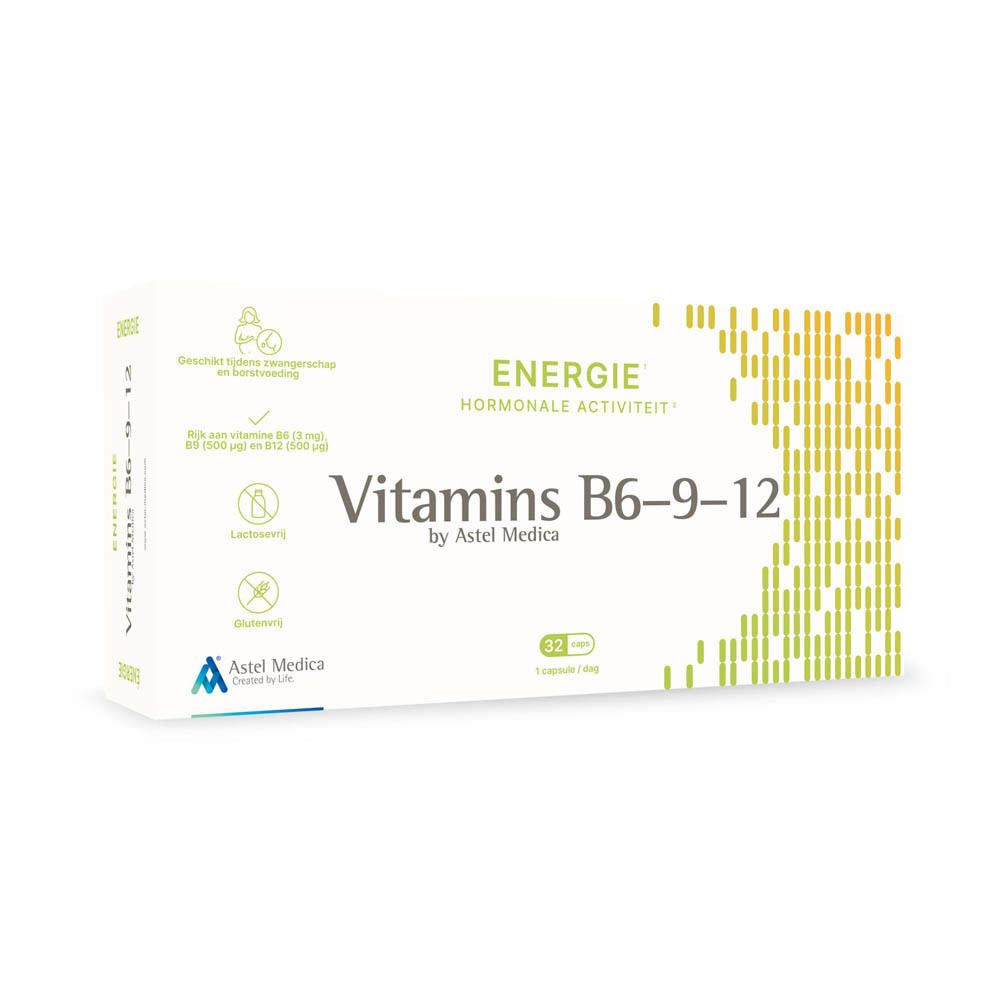 Verpakking van Vitamins B6-9-12 van Astel Medica, 32 capsules.