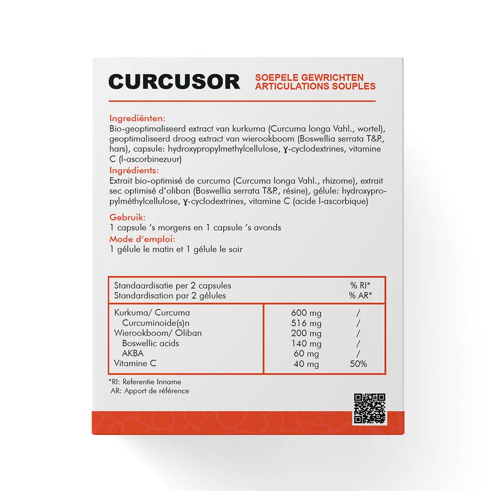 Boîte blanche et rouge CURCUSOR. Contient des informations sur les ingrédients et un tableau nutritionnel.