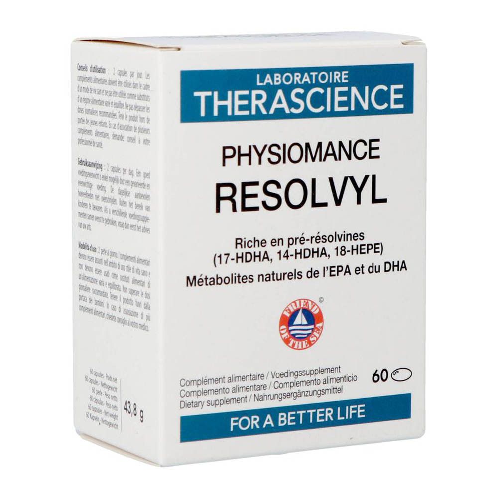 Witte doos met blauwe tekst. Opschrift: PHYSIOMANCE RESOLVYL. Bevat 60 capsules. Tekst in het Frans, Nederlands, Italiaans en Duits.
