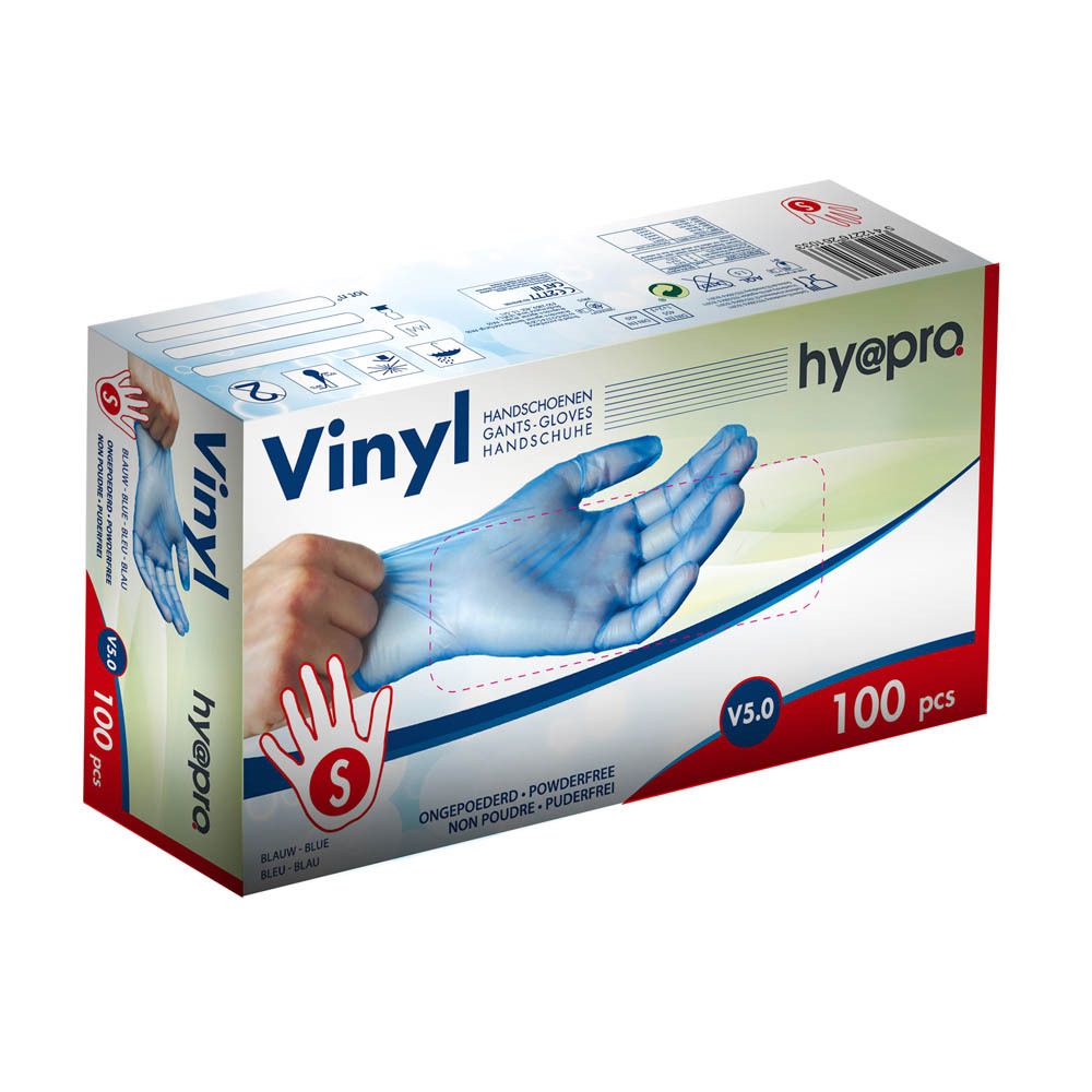Doos met blauwe vinyl handschoenen. Merk hy@pro, maat S, 100 stuks. Poedervrij.