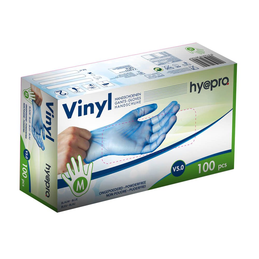 Boîte de gants en vinyle hy@pro, 100 pièces, taille M. Bleu, sans poudre. Marque CE.