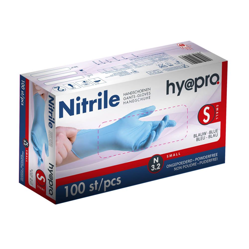Doos blauwe nitril handschoenen, maat S, 100 stuks. Merk hy@pro. Opschrift: Nitrile, handschoenen, poedervrij.