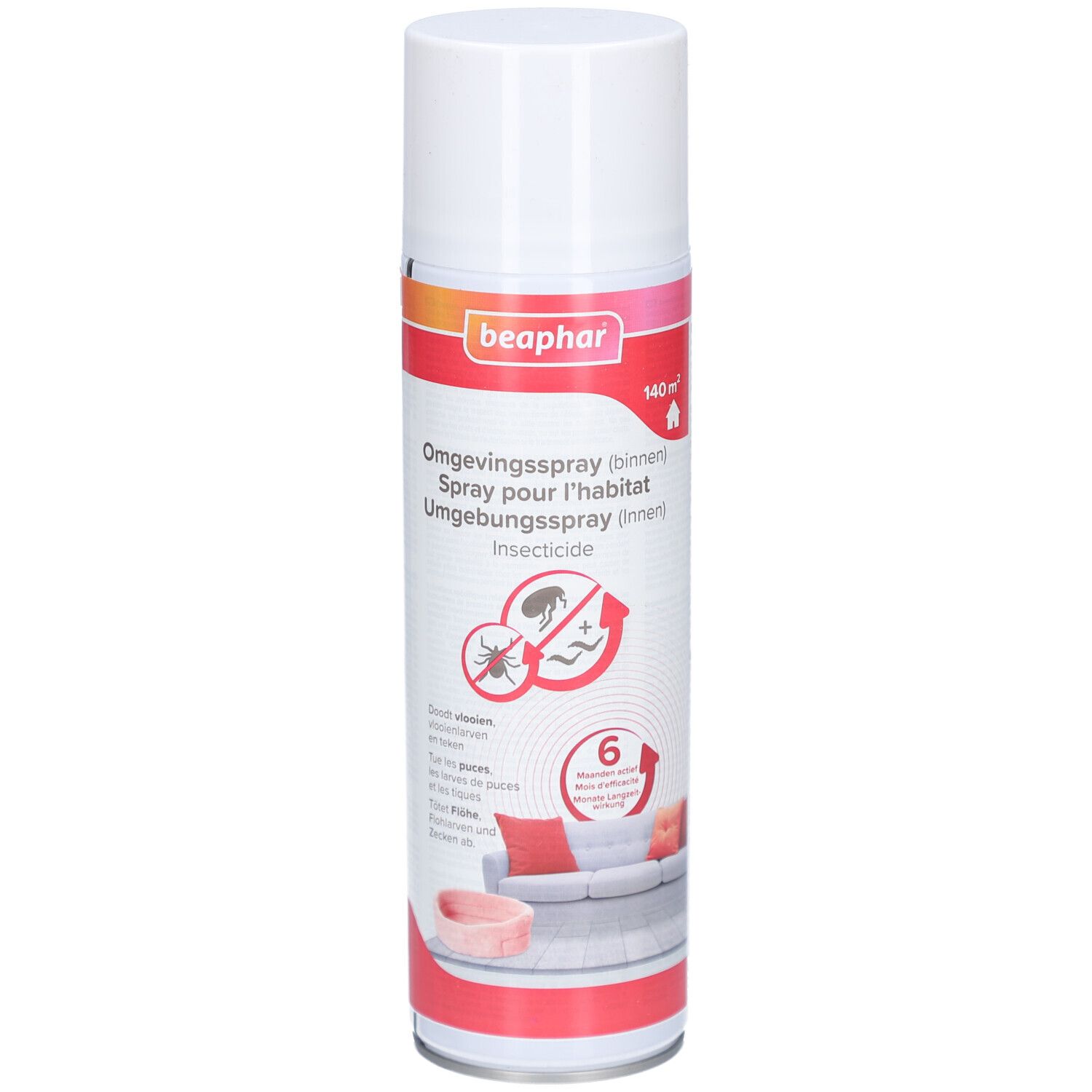 Bombe de spray blanche avec étiquette rouge et blanche. Logo Beaphar en haut. Texte: Omgevingsspray (binnen), Spray pour l'habitat, Umgebungsspray (innen), Insecticide.