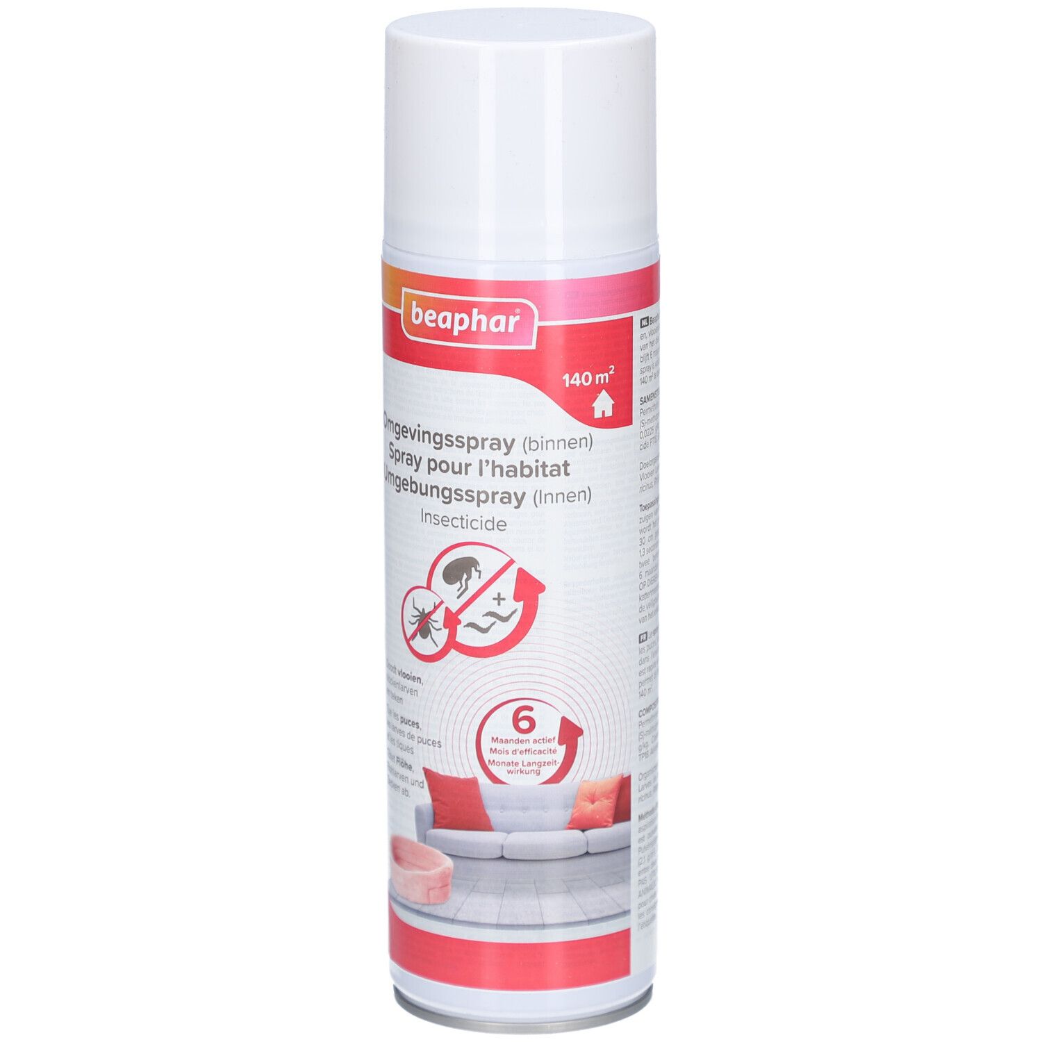 Bombe de spray blanche avec étiquette rouge et blanche. Logo Beaphar en haut. Texte: Omgevingsspray (binnen), Spray pour l'habitat, Umgebungsspray (innen), Insecticide.