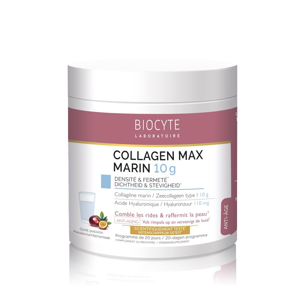 Witte pot met opschrift Collagen Max Marin 10g. Opschrift Biocyte Laboratoire. Illustratie van passievrucht.
