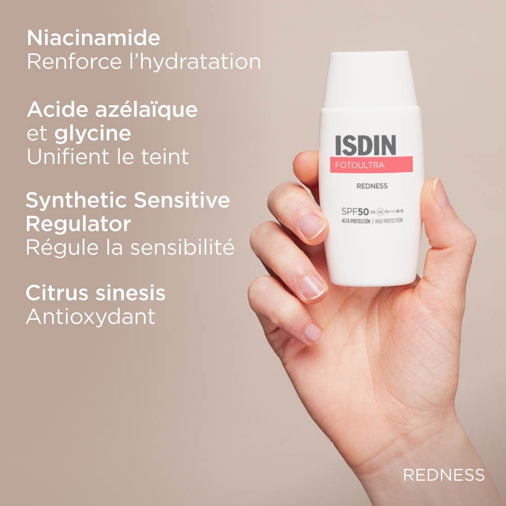 Flacon blanc ISDIN FotoUltra Redness. Ingrédients: Niacinamide, acide azélaïque, etc.