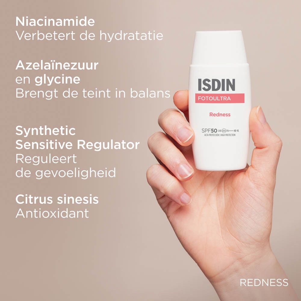 Voor & Na afbeelding. Tekst: Vermindert zichtbaar roodheid in 14 dagen.