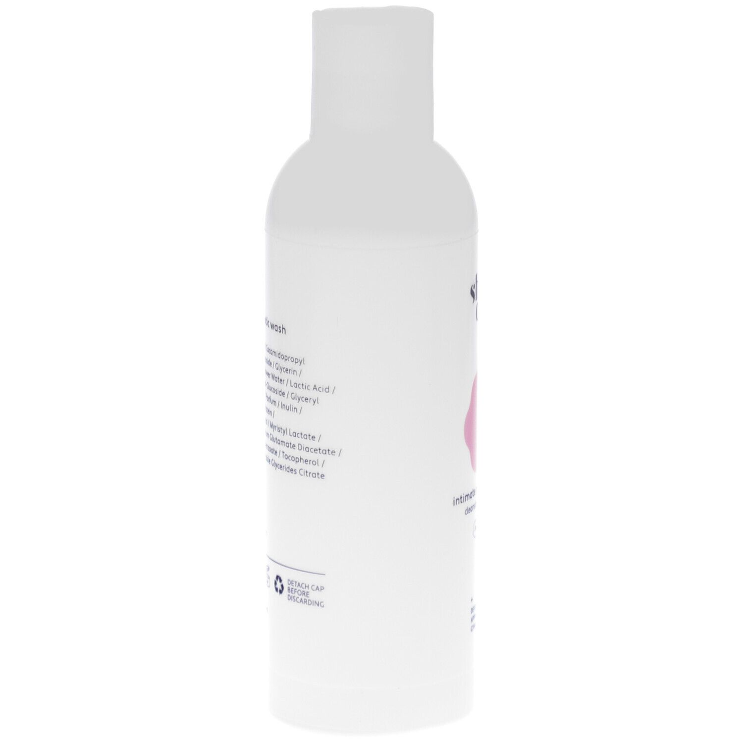 Flacon blanc avec ingrédients et texte. Lotion intime Shinncare. Cleansing & Balancing.