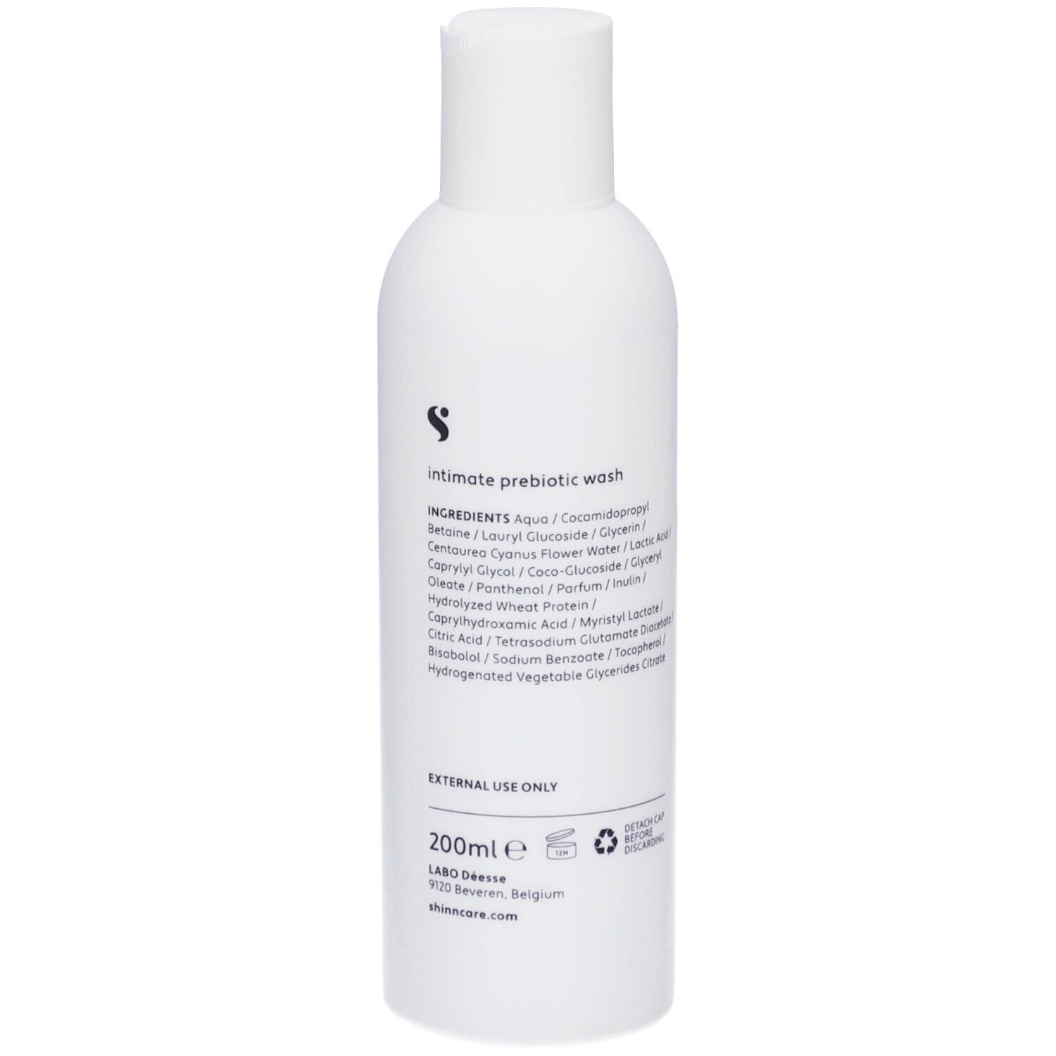 Flacon blanc avec ingrédients et texte. Lotion intime Shinncare. Cleansing & Balancing.