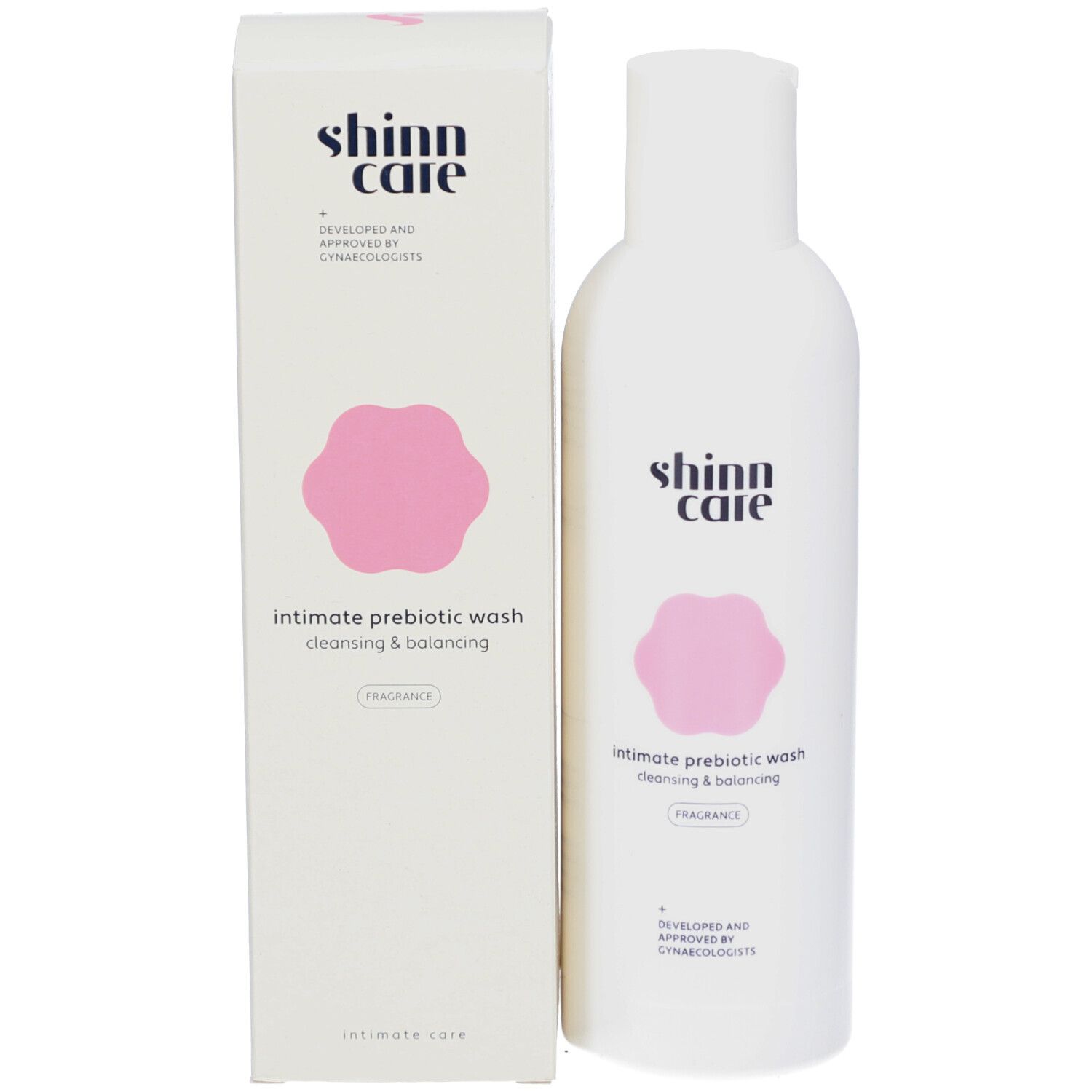 Emballage produit avec flacon et boîte. Lotion intime Shinncare. Cleansing & Balancing.
