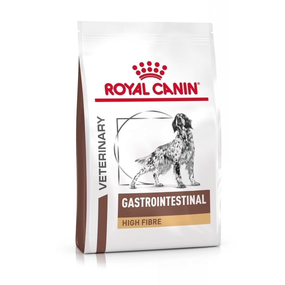 Voorkant van een Royal Canin Gastrointestinal High Fibre hondenvoerzak met hondenafbeelding en productnaam.