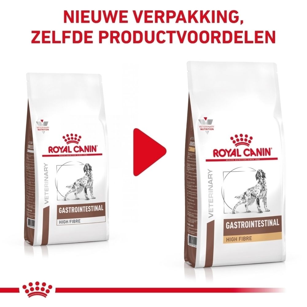 Vergelijking van twee Royal Canin Gastrointestinal High Fibre hondenvoerzakken met vermelding van nieuw verpakkingsontwerp.