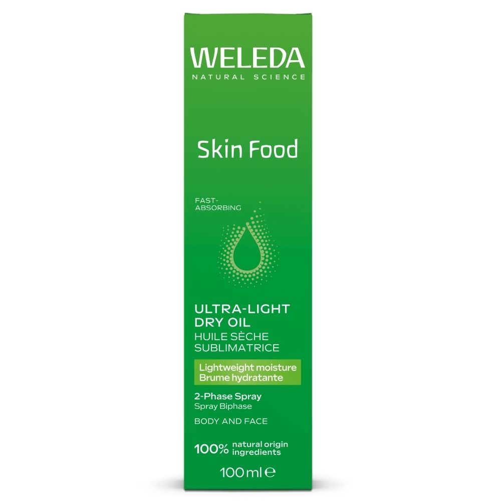Emballage WELEDA Skin Food Ultra-Light Dry Oil, inscription française sur boîte verte.