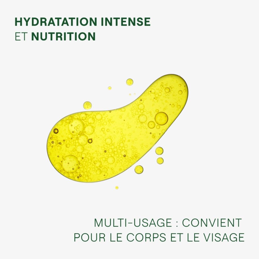 Flacon WELEDA Skin Food Ultra-Light Dry Oil, inscription française, 100% ingrédients d'origine naturelle.