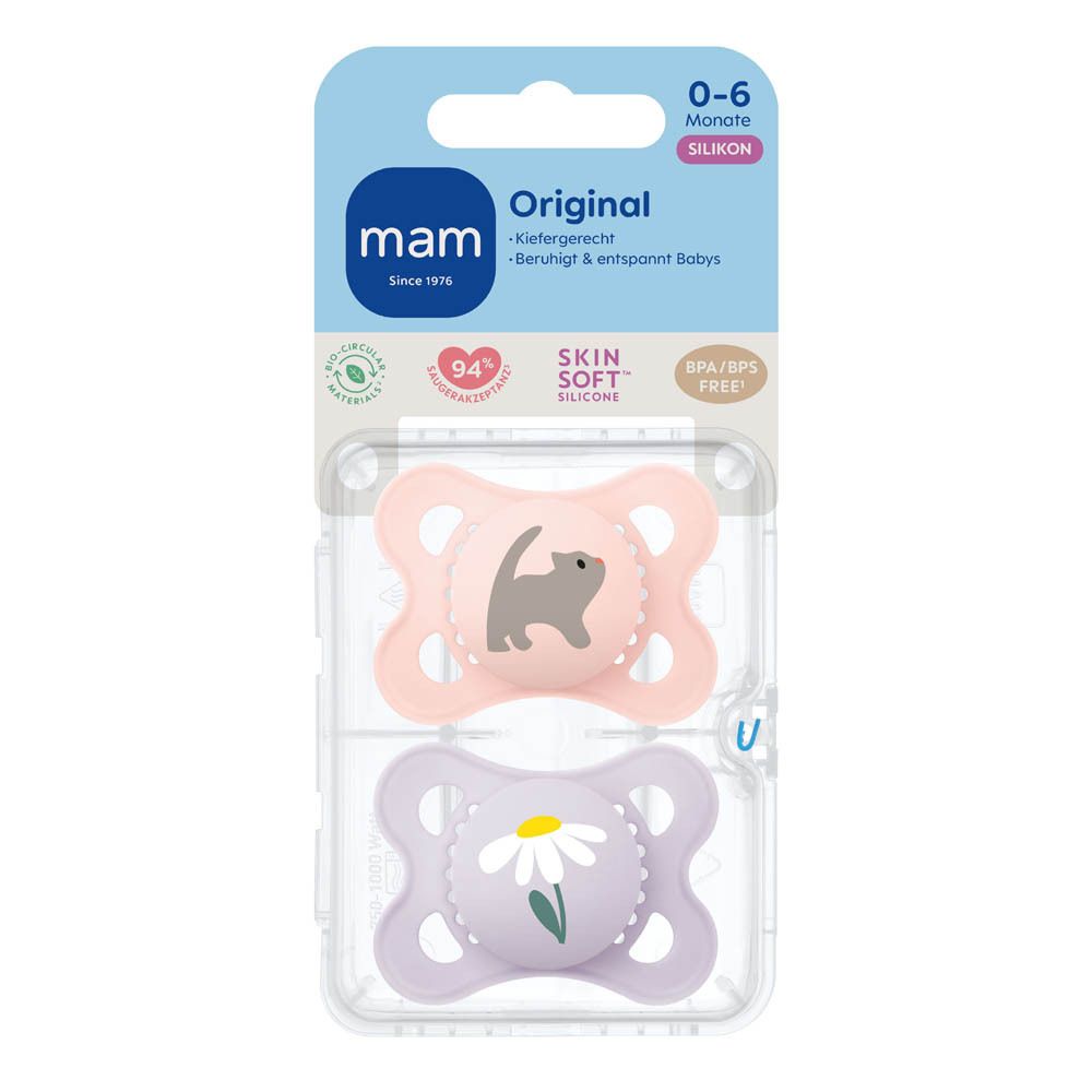Twee MAM Original Pure siliconen fopspeentjes (0-6 maanden) in vos/uil design, verpakt.